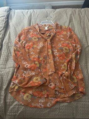 Forever 21 Rust Floral Tie-Neck Blouse with Yellow Accents